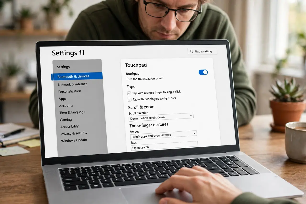A person using a real Windows 11 laptop, fingers performing a three-finger swipe on the touchpad, the screen showing the Touchpad settings page fully legible, the person's face focused, home office.