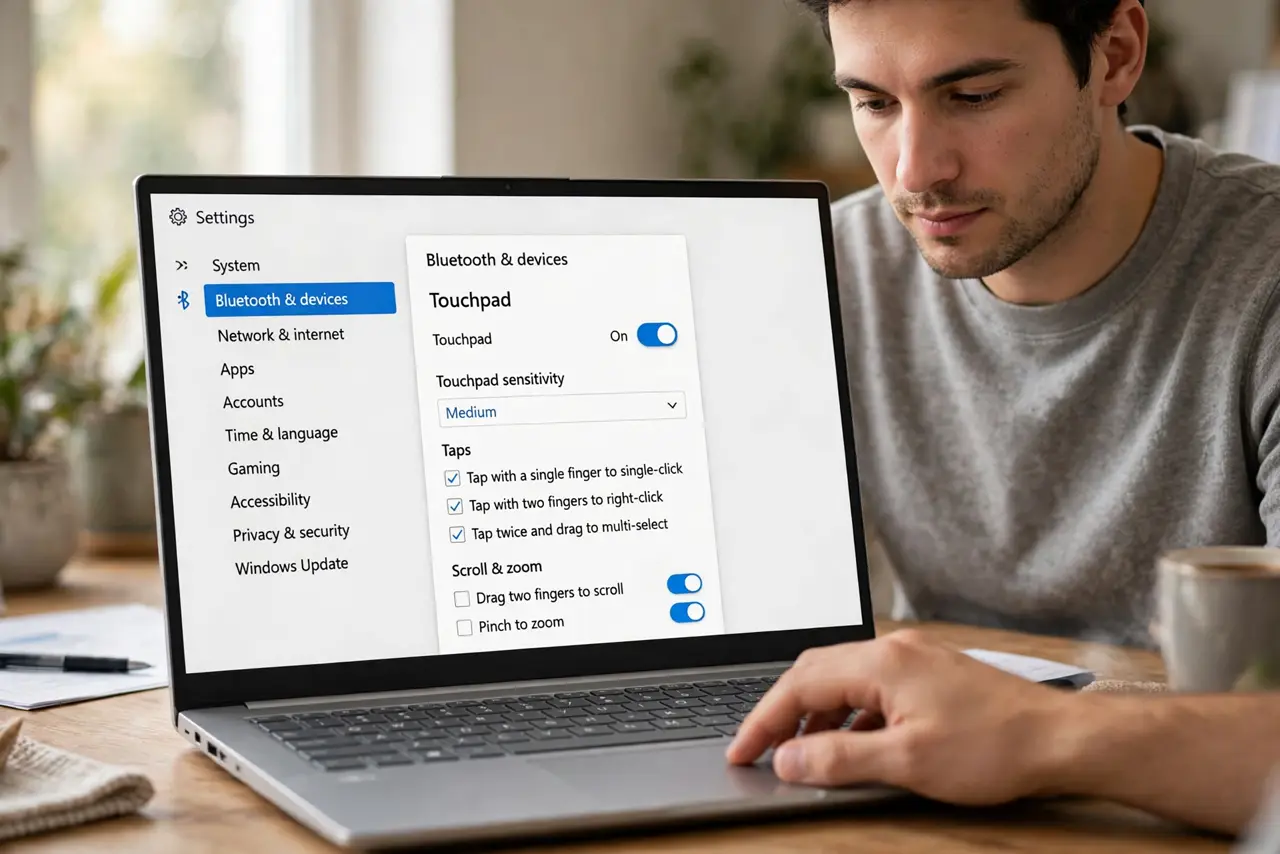 A person performing step 1: Lower the touchpad sensitivity.