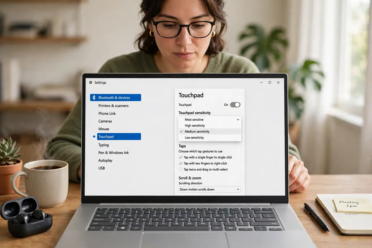 A person typing on a real Windows 11 laptop, the screen showing the Touchpad settings page with the sensitivity dropdown fully legible, the person's face focused, home office.