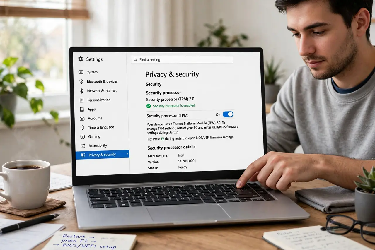 Photoreal photo of a person performing the first step: Restart into BIOS or UEFI settings. Reboot and press the setup key (often Delete, F2, or F12...
