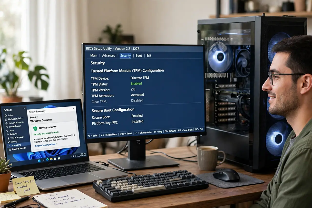 Photoreal photo: a person looking at a real PC BIOS screen showing TPM settings with legible text, the person's face focused, desk with the PC tower visible. No black screen, no blank white screen, no fake or garbl...