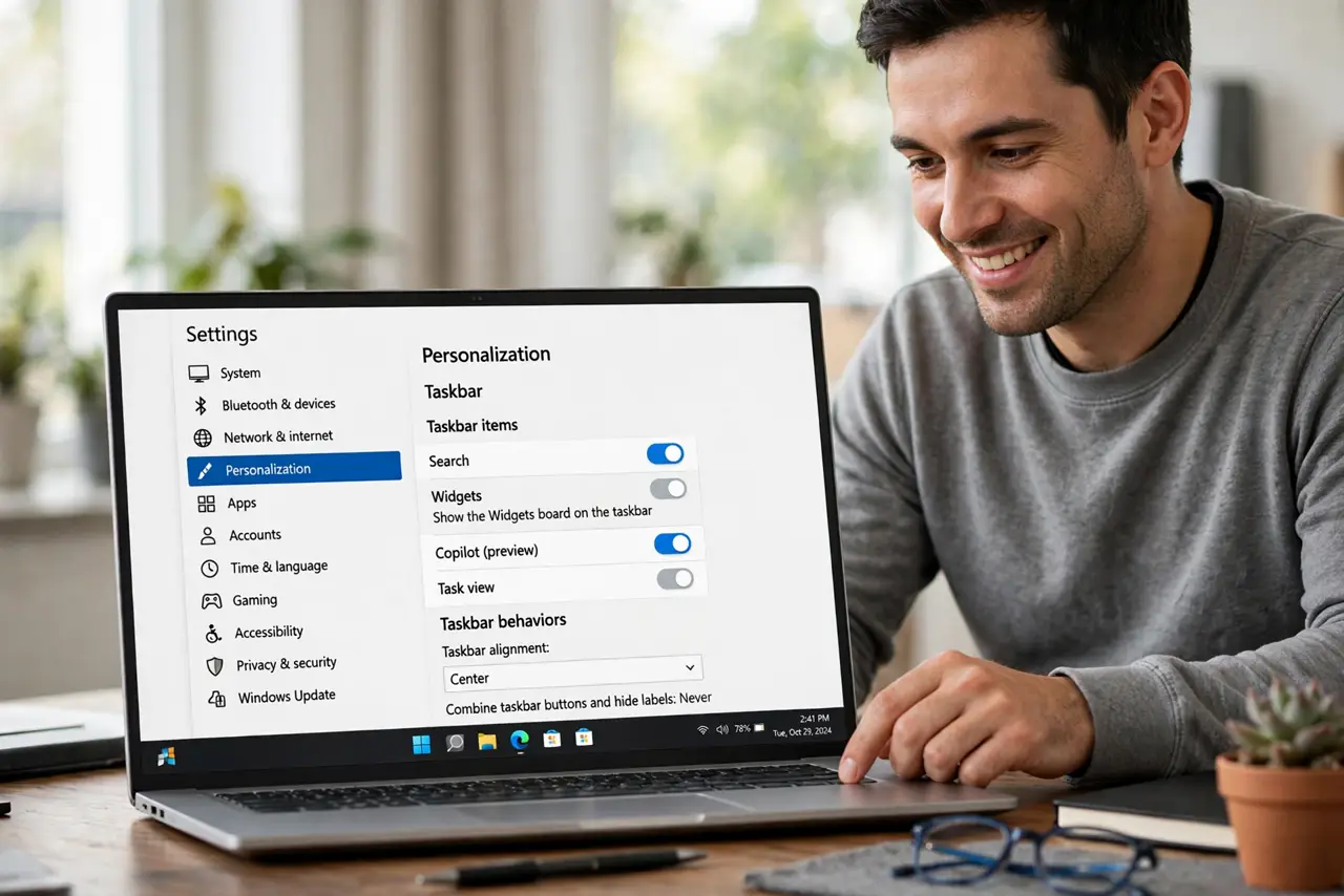 A person disabling widgets in real Windows Settings on a real PC, the taskbar settings screen with legible text, the person's face decisive and satisfied.