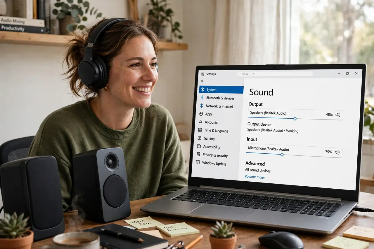 A person at a desk wearing real headphones with real desktop speakers beside a real Windows laptop showing the sound settings page legibly, the person's face…