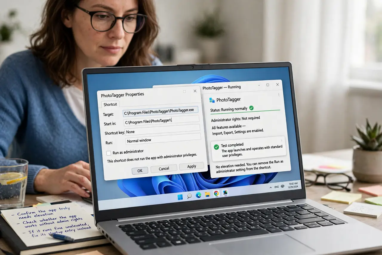 A person performing step 1 of the guide: Confirm the app truly needs elevation. Check whether the app works without admin rights. If it runs fine unelevated, fix its startup entr...