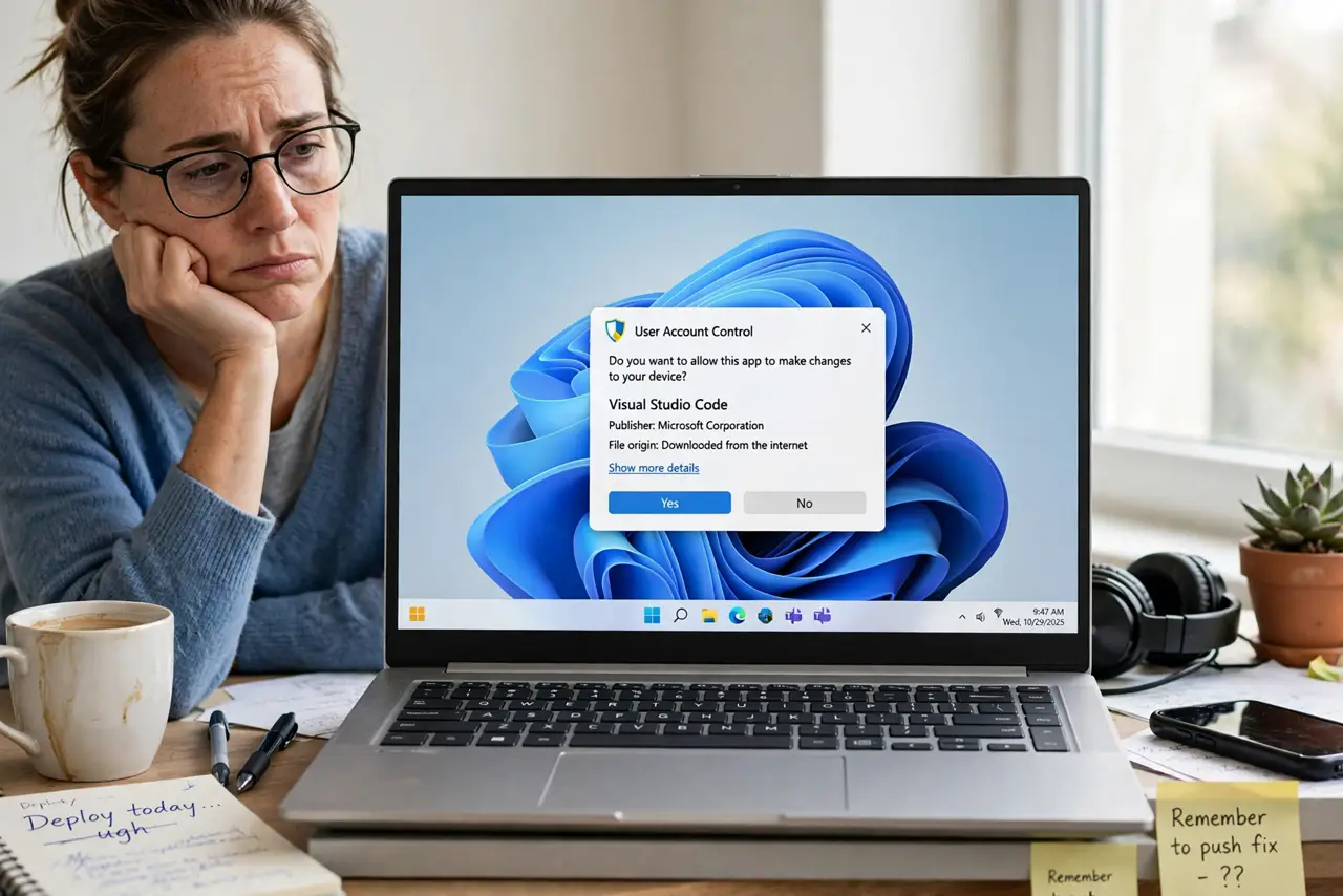 a real person at a desk starting a Windows PC, the User Account Control prompt visible on the real monitor with fully legible text asking permission for a familiar app, the person looking tired of the daily prompt.