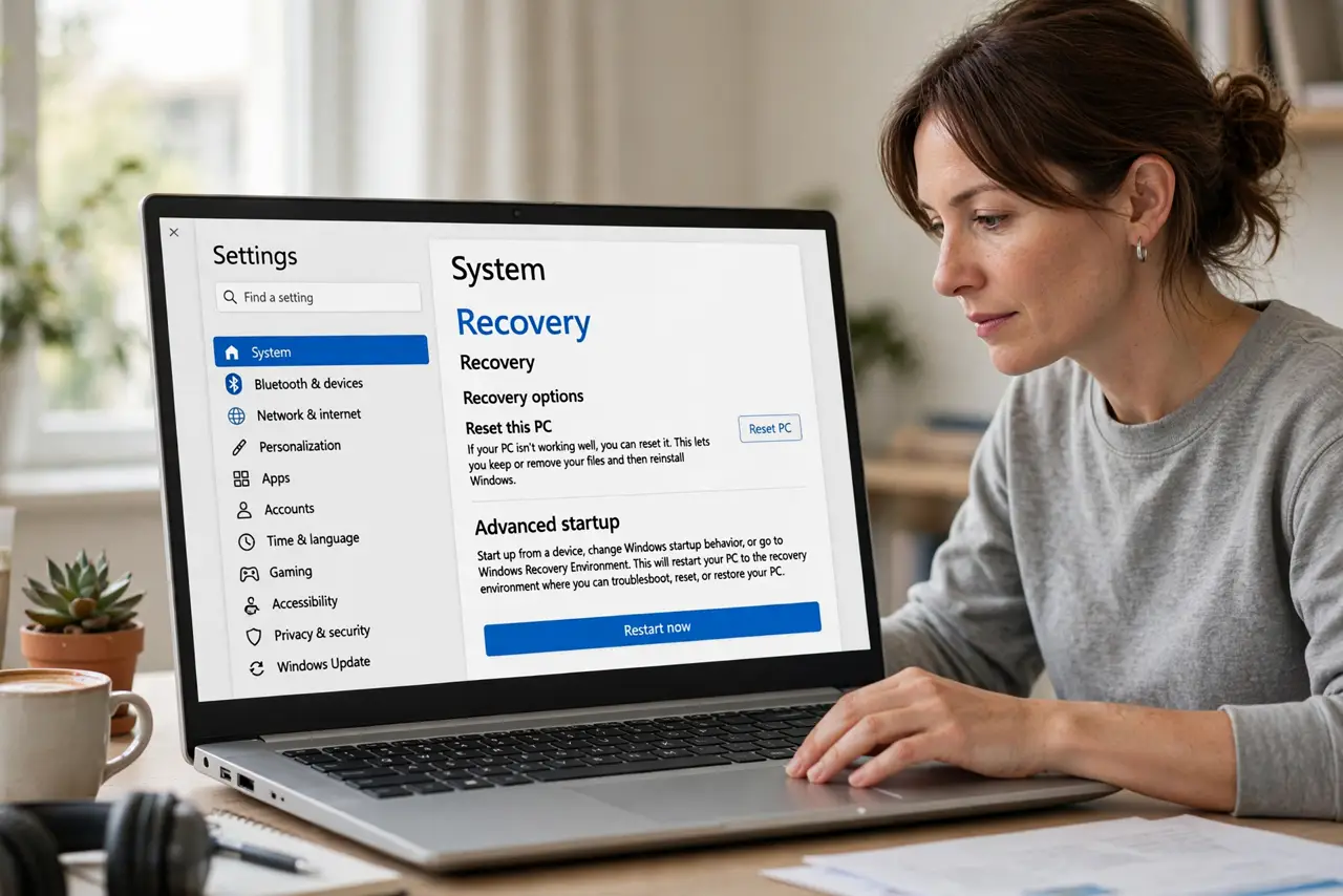 A person performing the first step of the guide: Use the Windows route — it always works. Go to Settings, System, Recovery, then click Restart now under.
