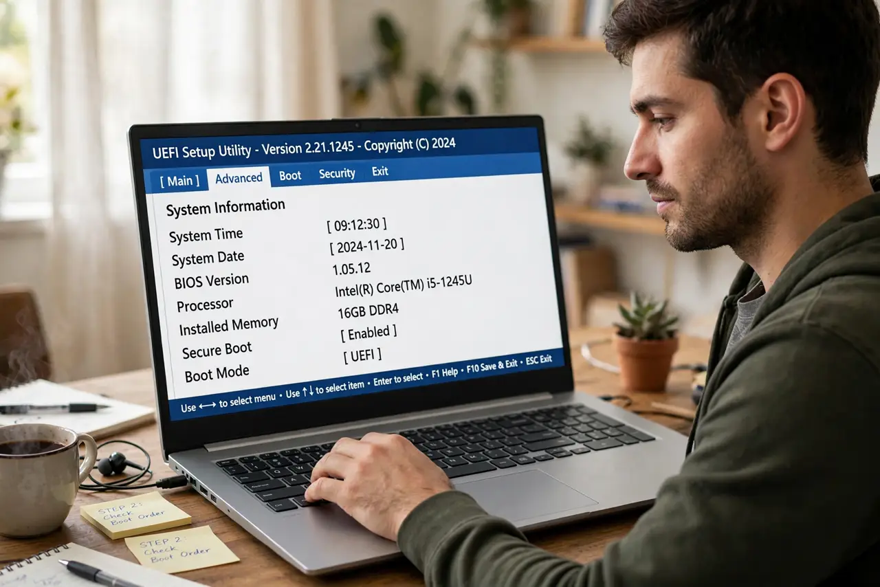 A person looking at a PC monitor showing a blue UEFI settings screen with menus, hand on the keyboard, home office desk. No black screen, no blank.