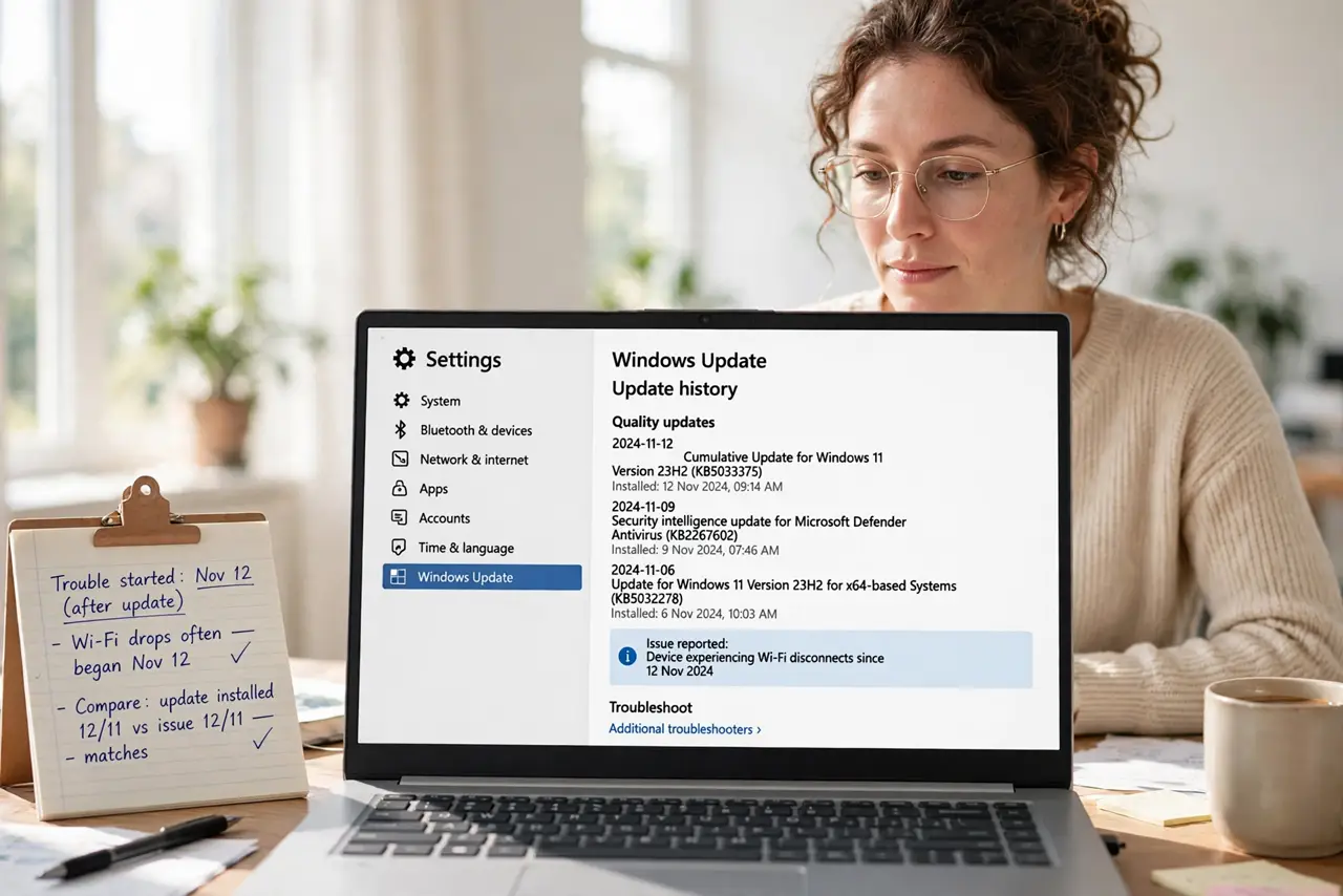 A person performing the first step: Confirm an update caused it. Open your update history and compare dates: did the.