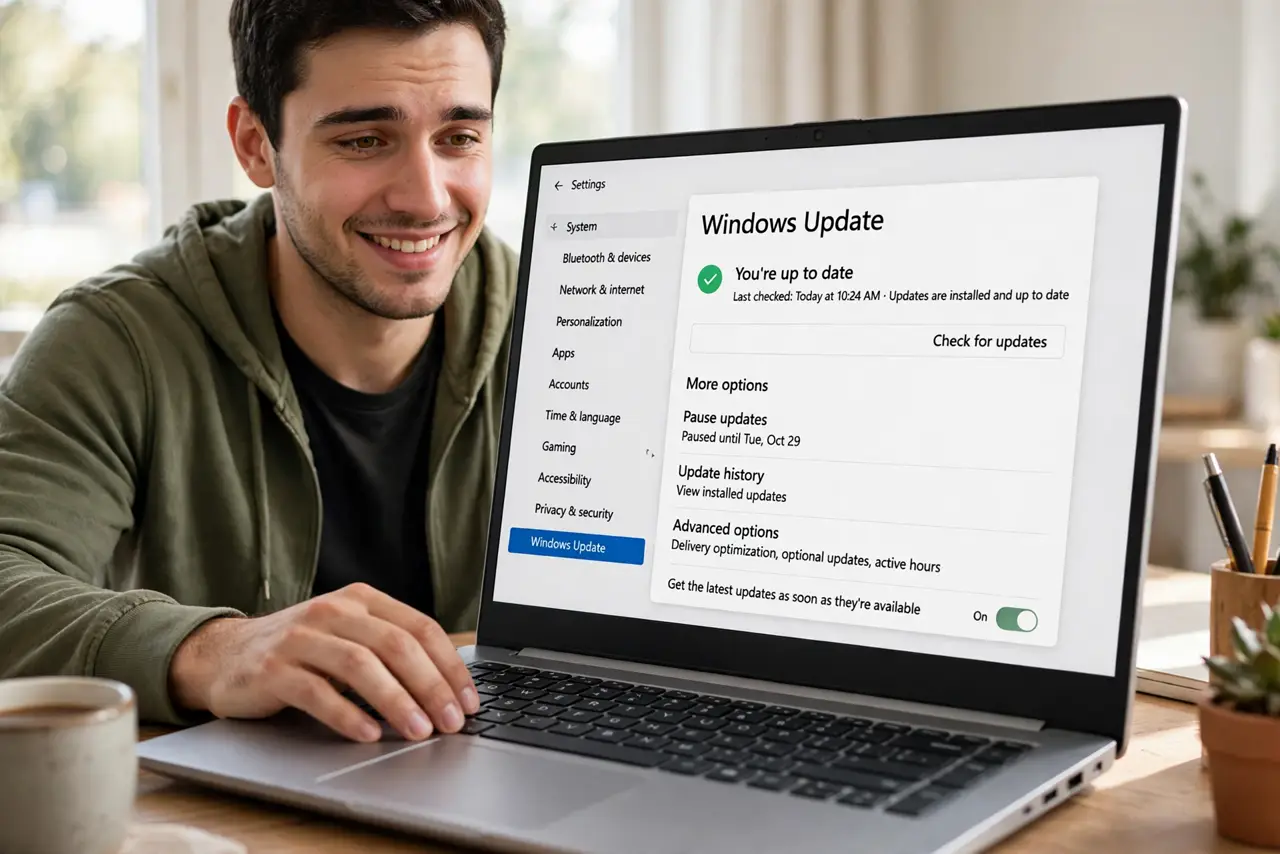 A person looking at a real Windows laptop screen showing Windows Update settings with legible text, a worried