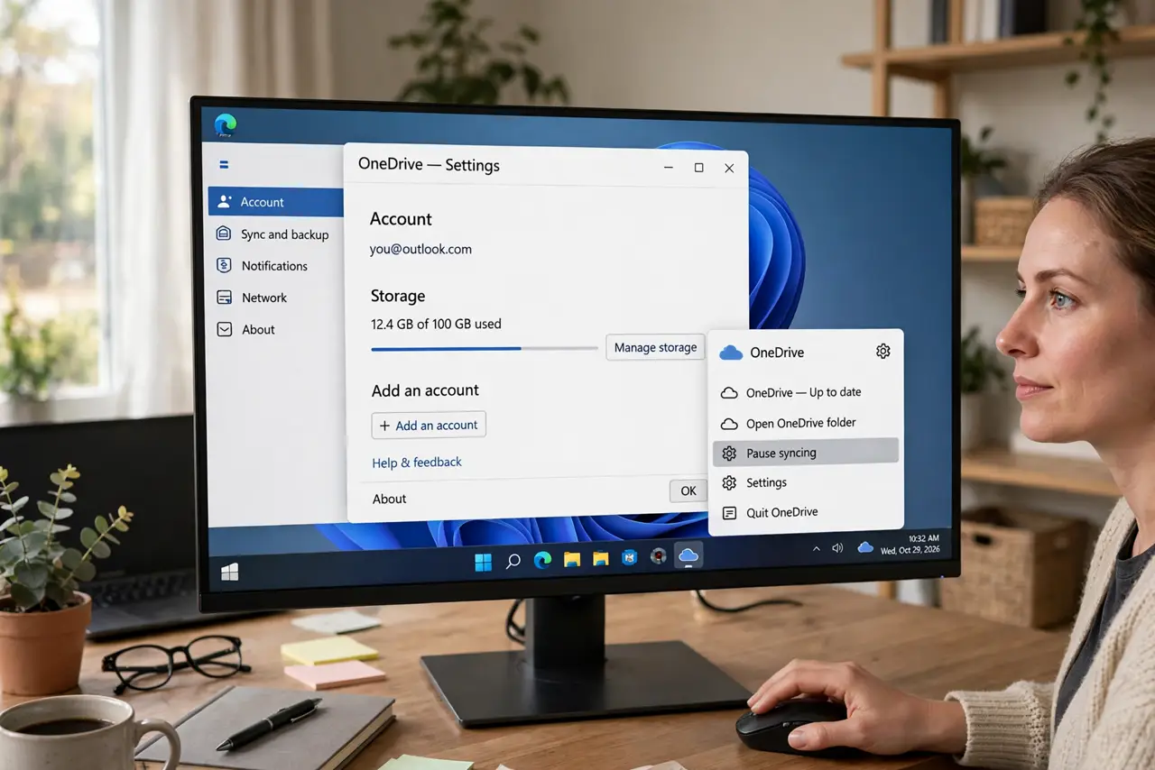 A person performing the first step: Open OneDrive Settings. Click the cloud icon in the system tray, open the gear.