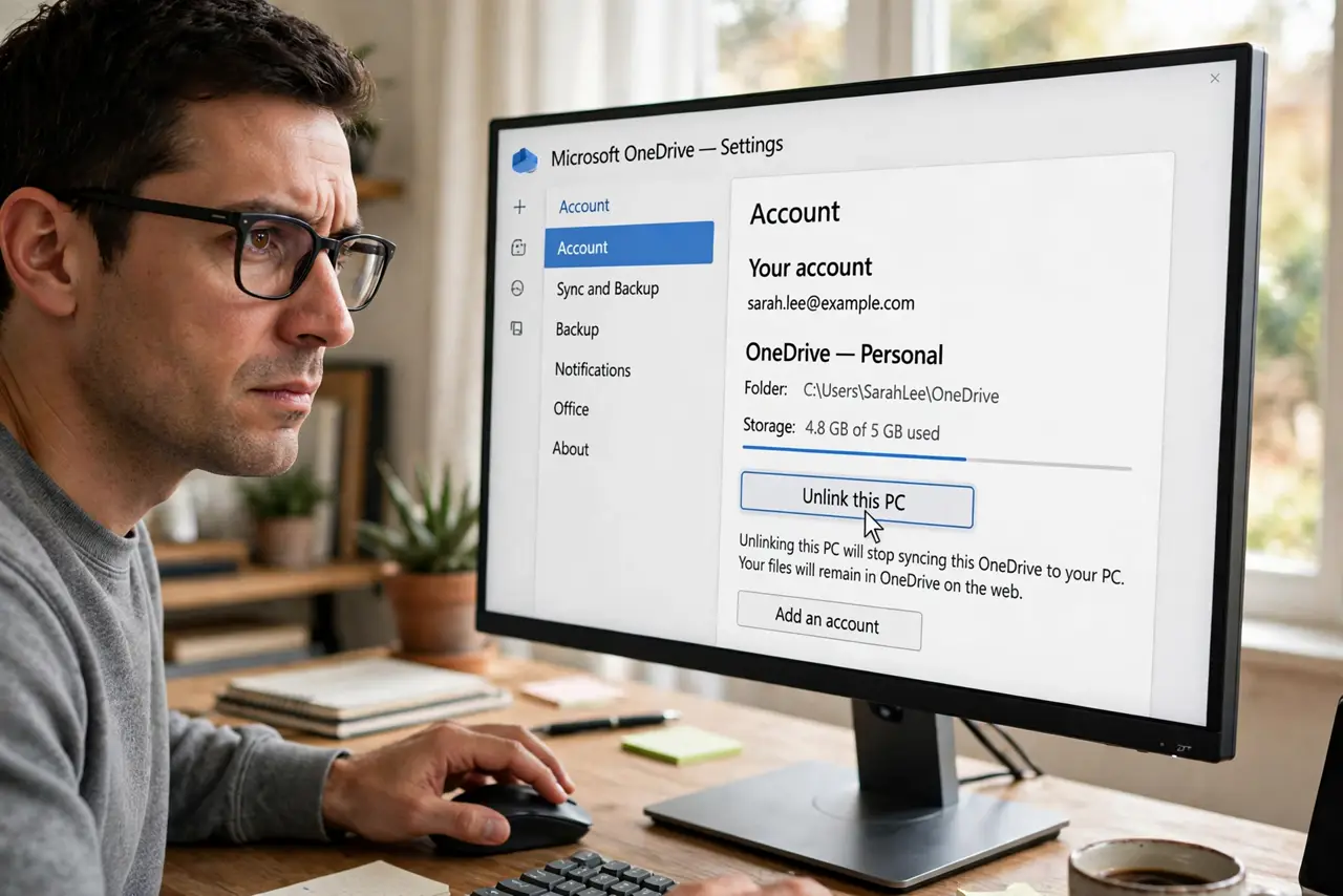 A person clicking Unlink this PC in the real OneDrive Settings Account tab with legible text on a desktop monitor, the