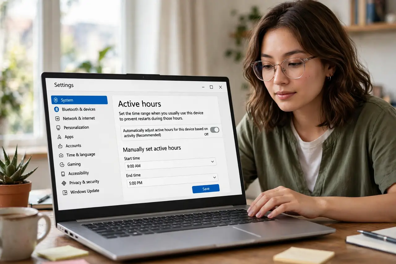 A person calmly performing the guide's first step: Open the Active Hours setting.