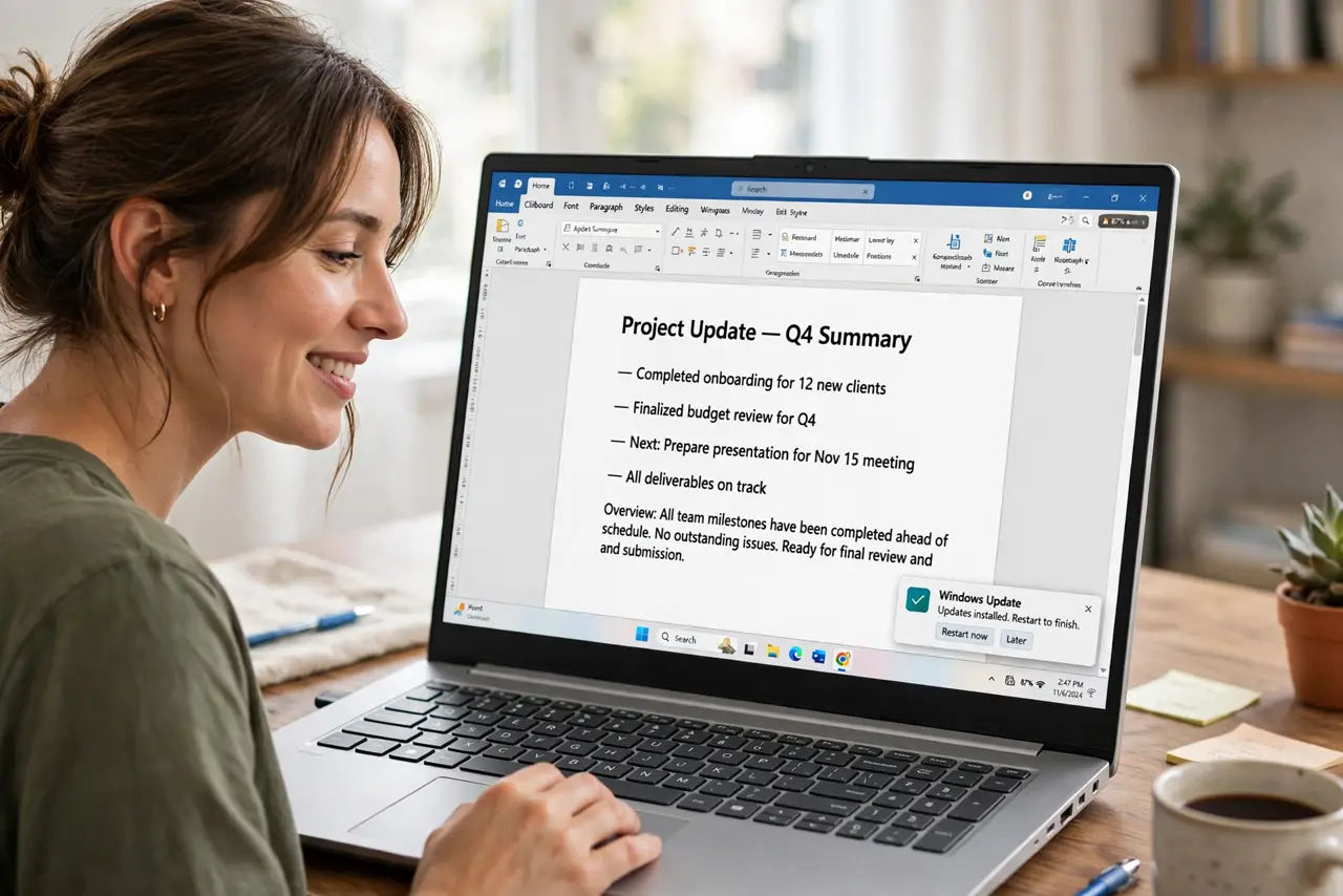 a person working at a real Windows PC showing a document with legible text, a small update notification visible in the corner, the person's face relieved. No black screen, no blank.