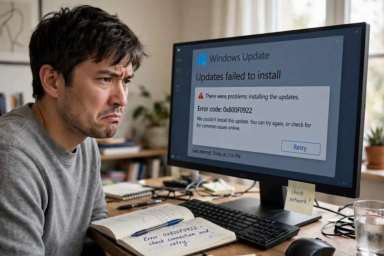 A person frowning at a real Windows desktop monitor showing a Windows Update error message in legible text, a notebook