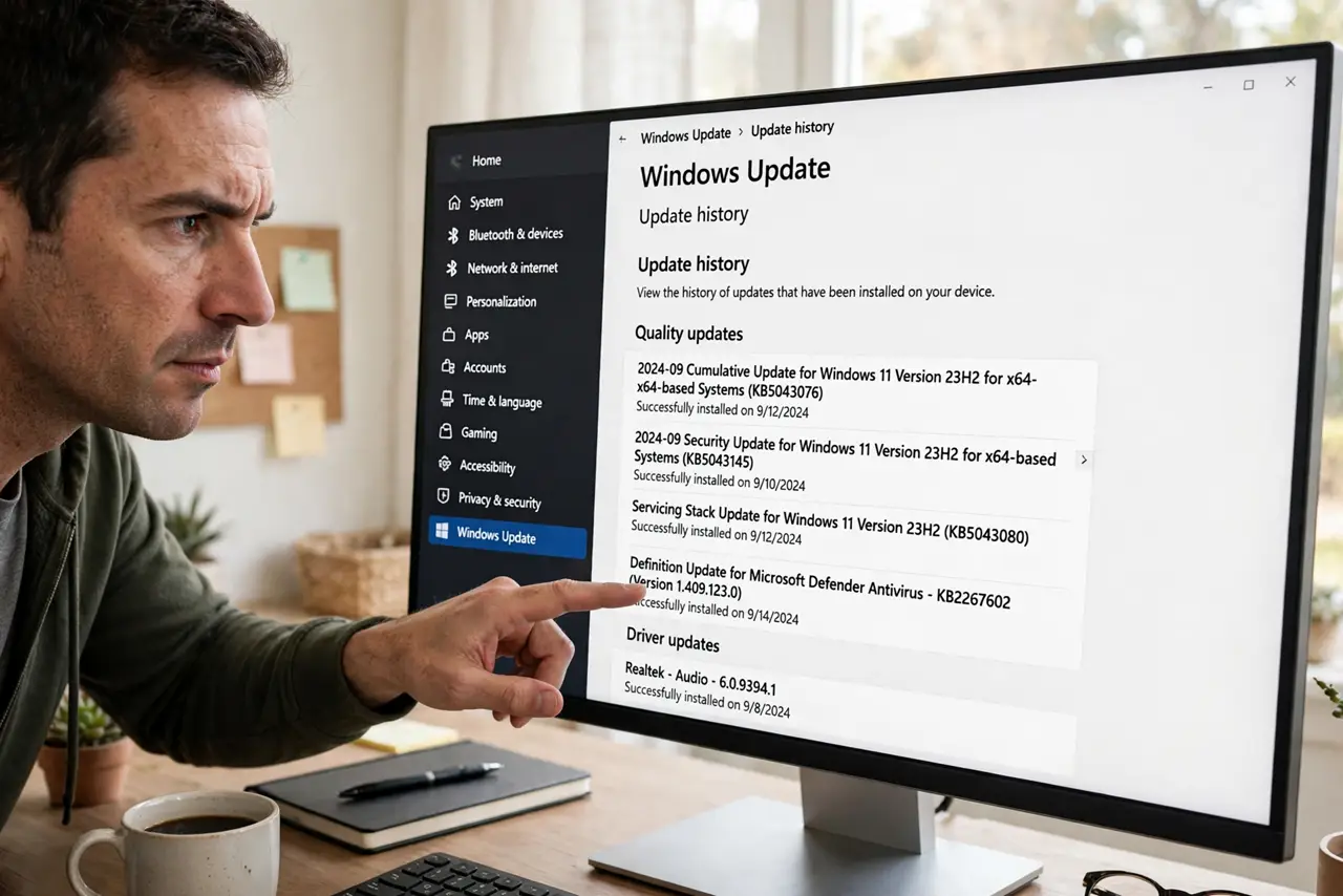 A person scrolling a real Windows desktop screen showing the Update history page with legible entries, a finger tracing