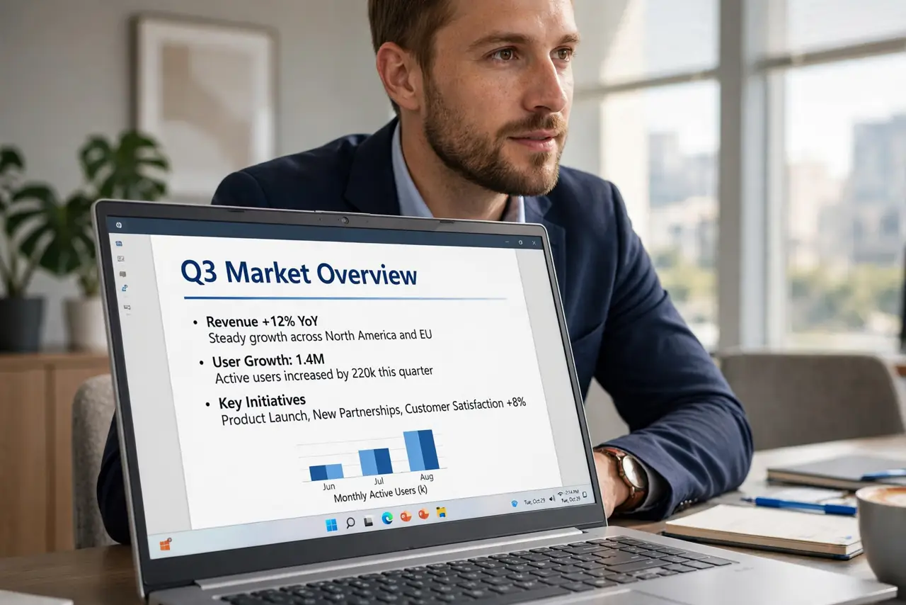 a person giving a real presentation with a Windows laptop showing legible slides, no update prompt in sight, the person's face confident, office.
