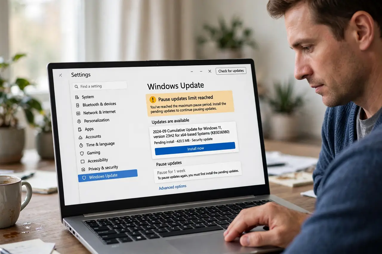 Cannot Pause Windows Updates Anymore? Fix It — step 1 being performed on the device.