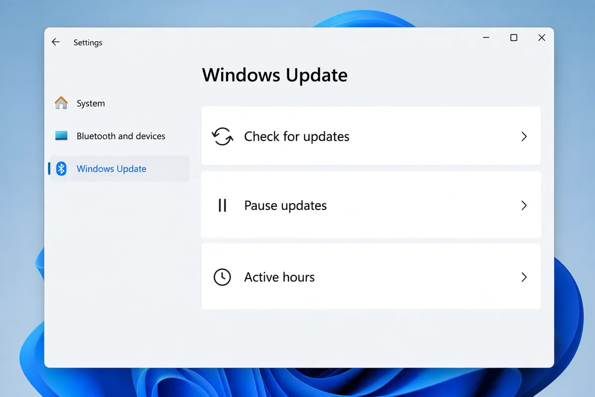 A recreation of the Windows Settings Windows Update page showing Check for updates, Pause updates, and Active hours.
