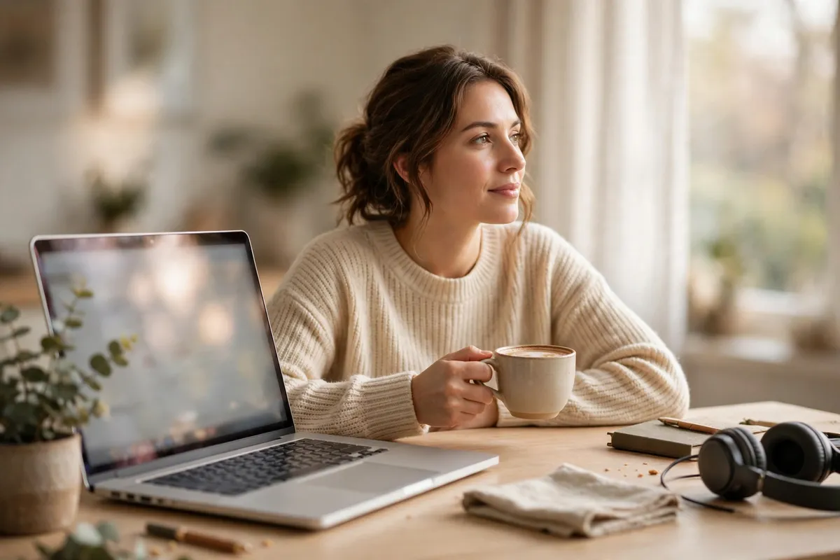 A woman waiting calmly with a coffee cup beside a laptop on a bright wooden desk in a home office.