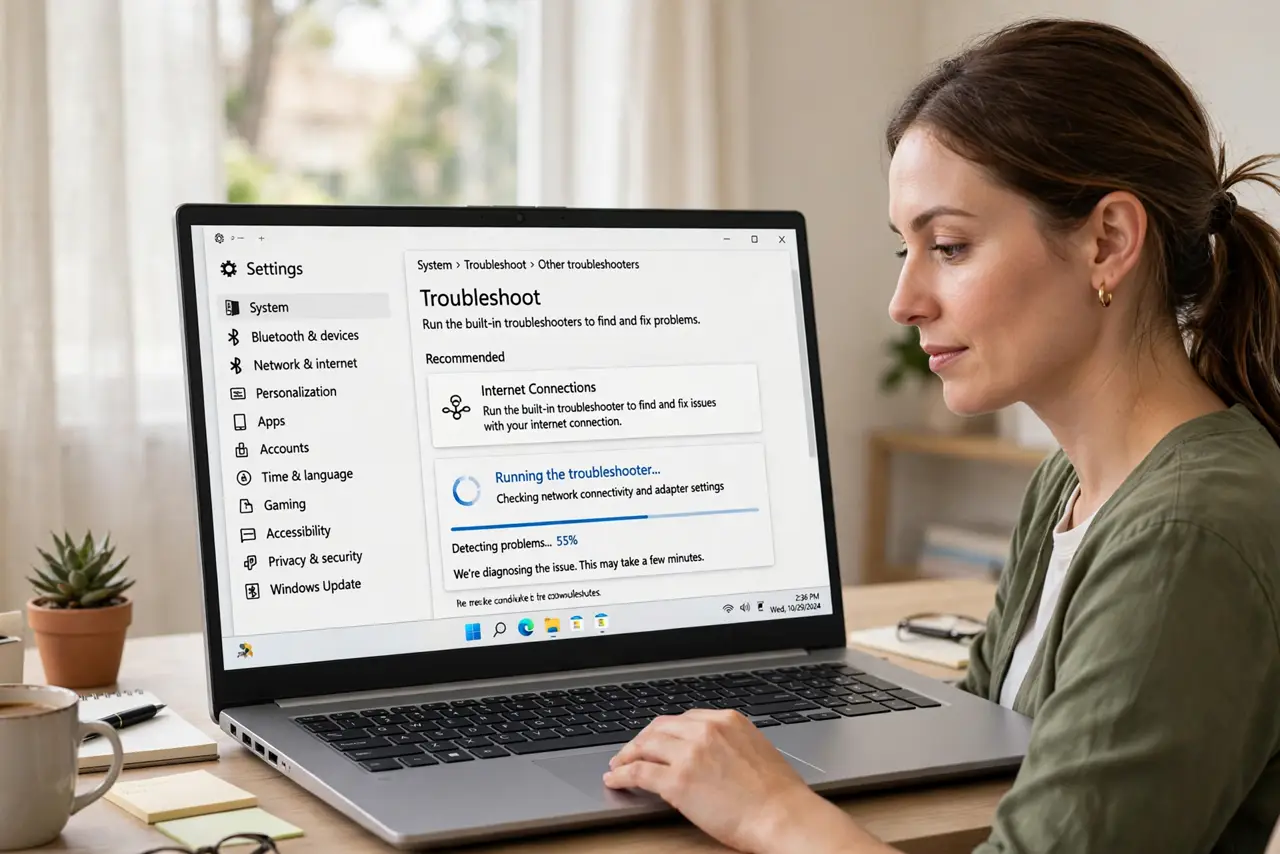 A person calmly performing the guide's first step: Run the built-in troubleshooter.