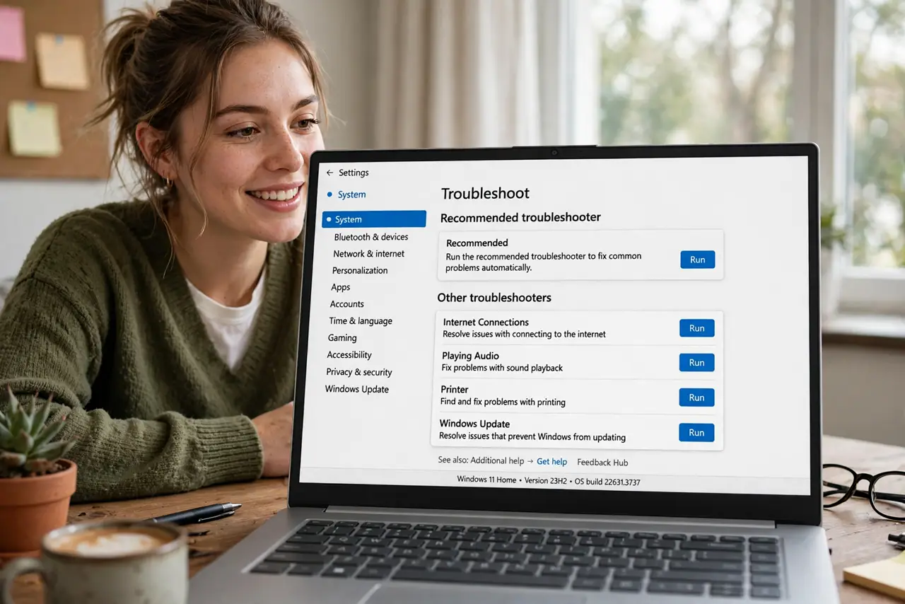 a person at a real Windows PC with the Settings troubleshoot screen open showing legible options, the person's face hopeful. No black screen, no blank white screen, no fake or garb.