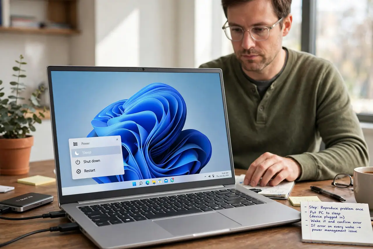 A person performing step 1 of the guide: Reproduce the problem once. Put the PC to sleep with the device plugged in, wake it, and confirm the error. Knowing it happens on every w...