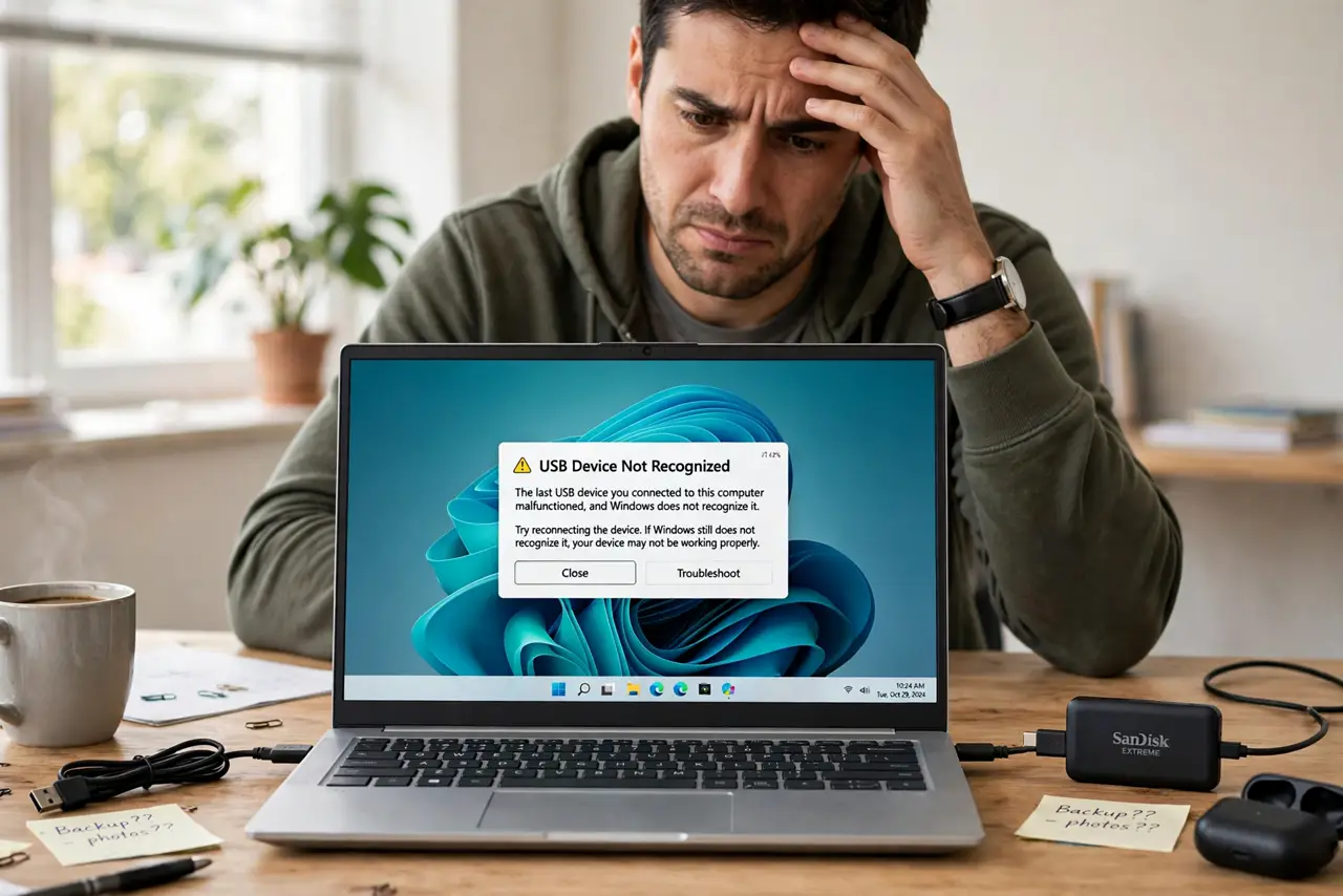 a frustrated adult at a desk with a real Windows laptop showing a USB device error notification with fully legible text, an external drive plugged in beside it.