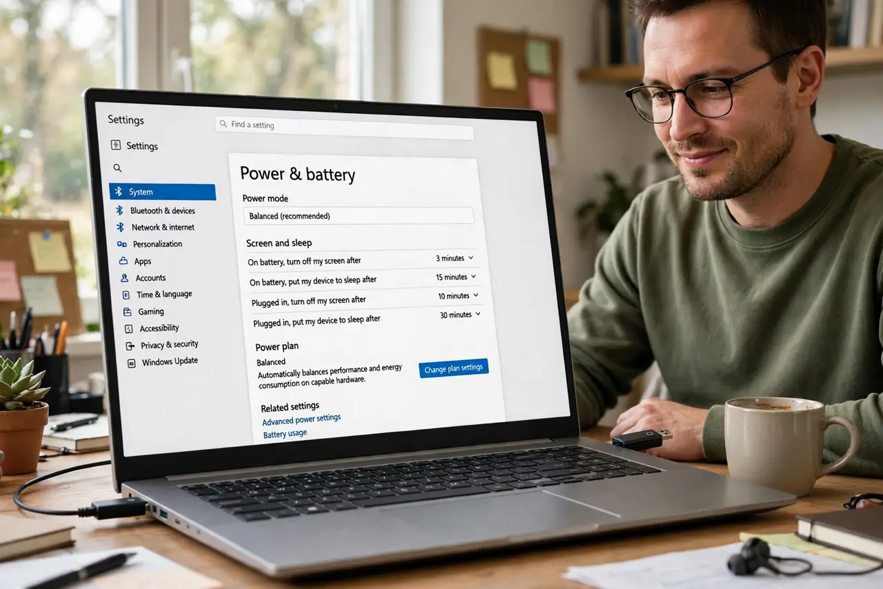 a person at a real desk with a Windows laptop and a USB drive connected, the screen showing the legible power plan settings, the person's face relieved, home office.
