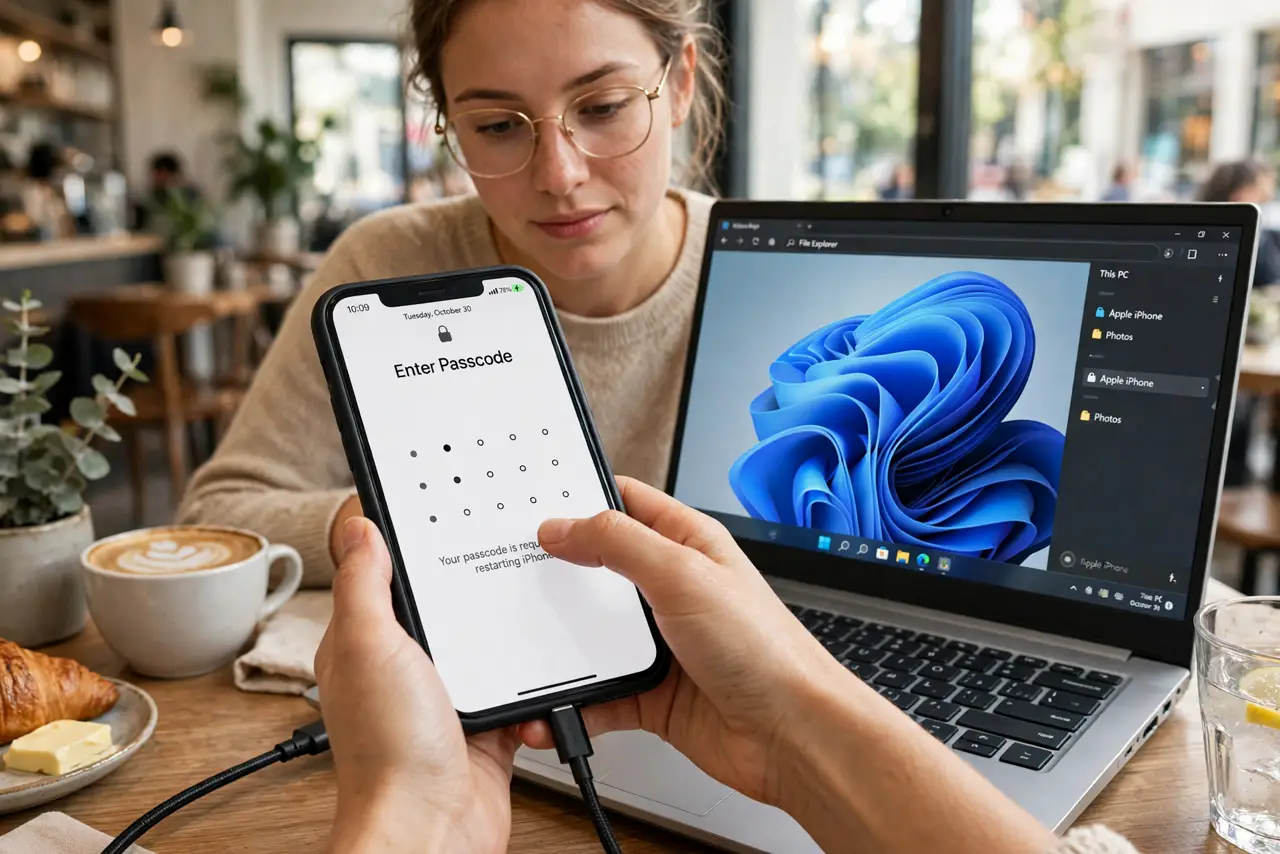 A person performing the first step: Connect the phone with a USB cable. Use a data-capable cable, not a charge-only.