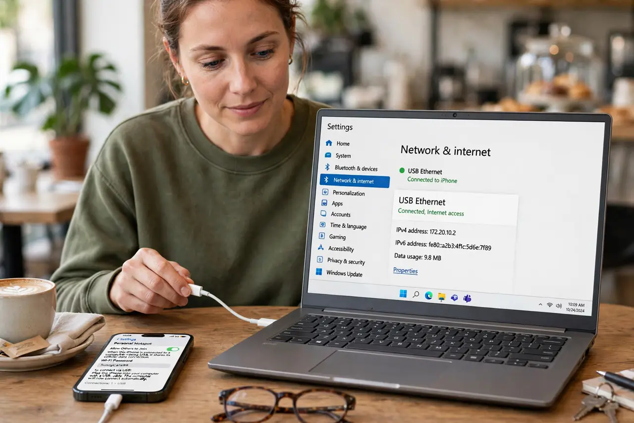 A person connecting a real iPhone to a real Windows laptop with a USB cable, the phone screen showing the personal