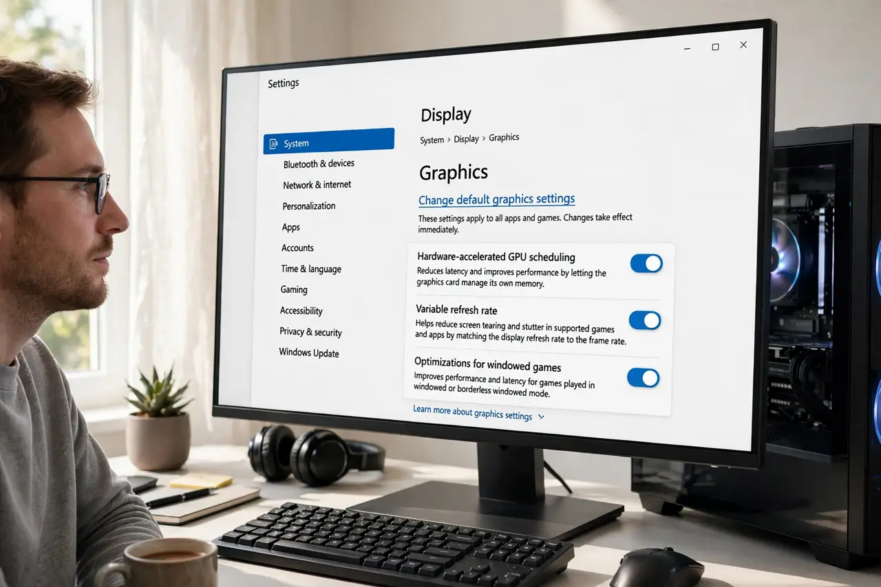 A person performing step 1: Open the default graphics settings. Go to Settings, System, Display, Graphics, then 'Change default graphics s.