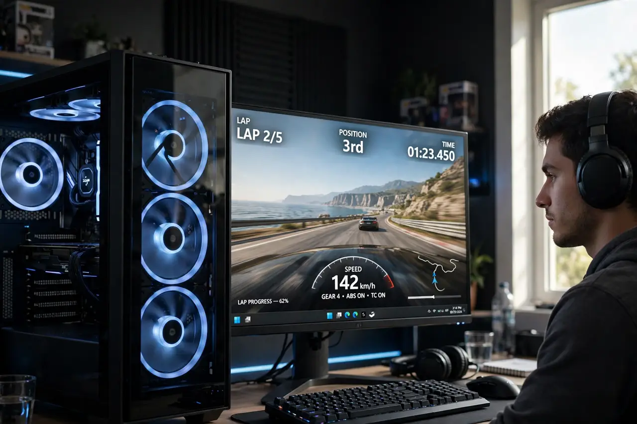 A person gaming on a real Windows PC with a racing game on the monitor showing smooth motion with legible HUD, the person's face focused, dim gaming room.