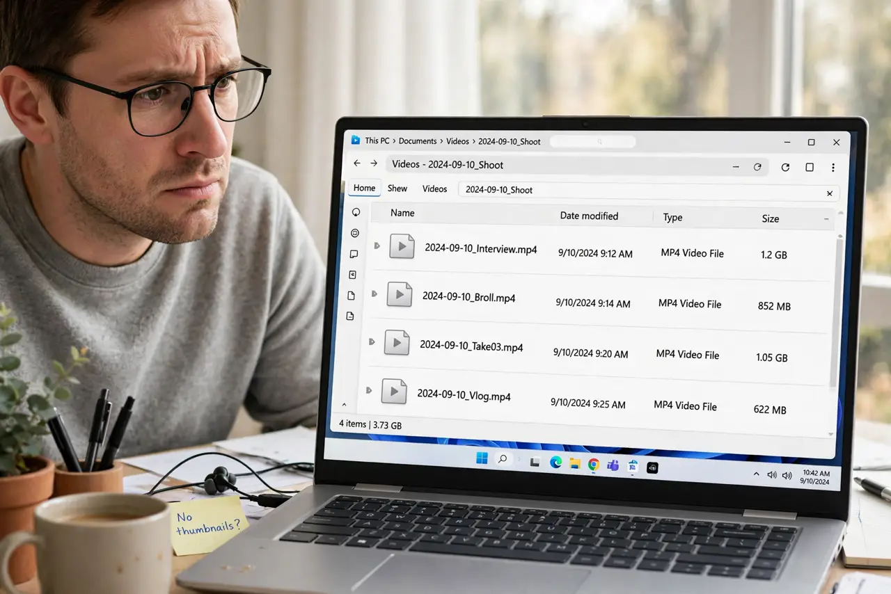 a real person at a desk looking at File Explorer on a Windows PC, a folder of video files showing blank generic icons on the real monitor with fully legible file names, the person looking puzzled.