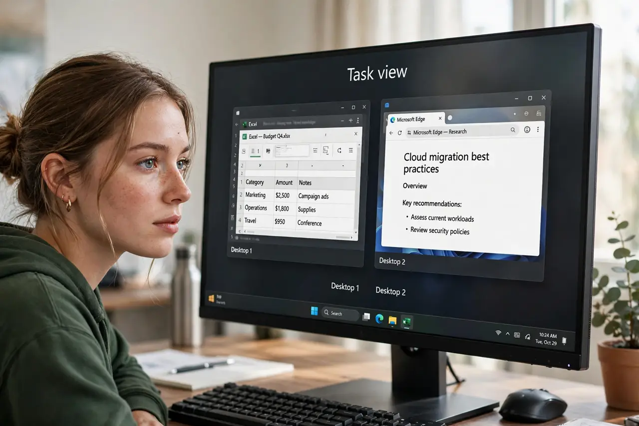 A person using Task View on a real Windows PC monitor showing two virtual desktop thumbnails with app windows assigned to each, the person's face focused.