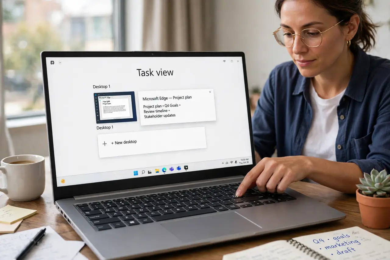 A person carrying out step one: open task view with windows plus tab.