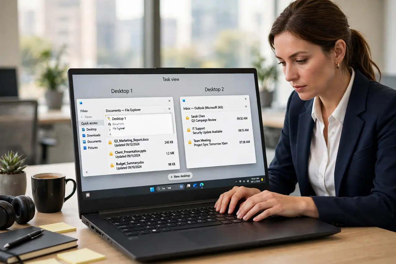A woman at a desk with a Windows laptop showing two virtual desktops side by side with legible windows, her hands on the keyboard, face focused and efficient.