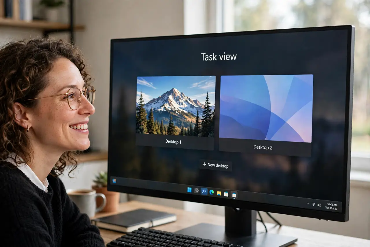 A person viewing Task View on a real Windows PC monitor showing two virtual desktops with clearly different wallpapers on each thumbnail, the person's face pleased.
