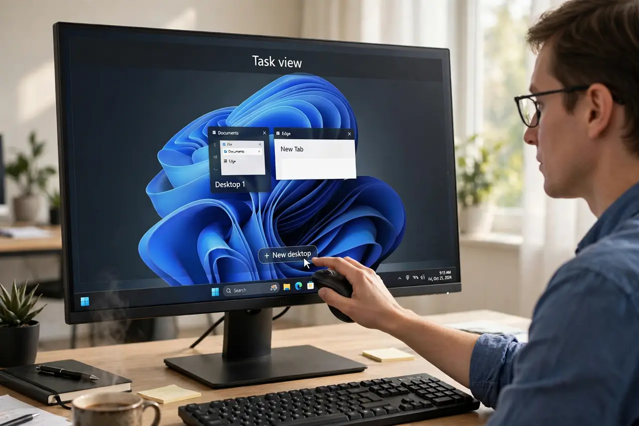 A person carrying out step one: create your first extra desktop.