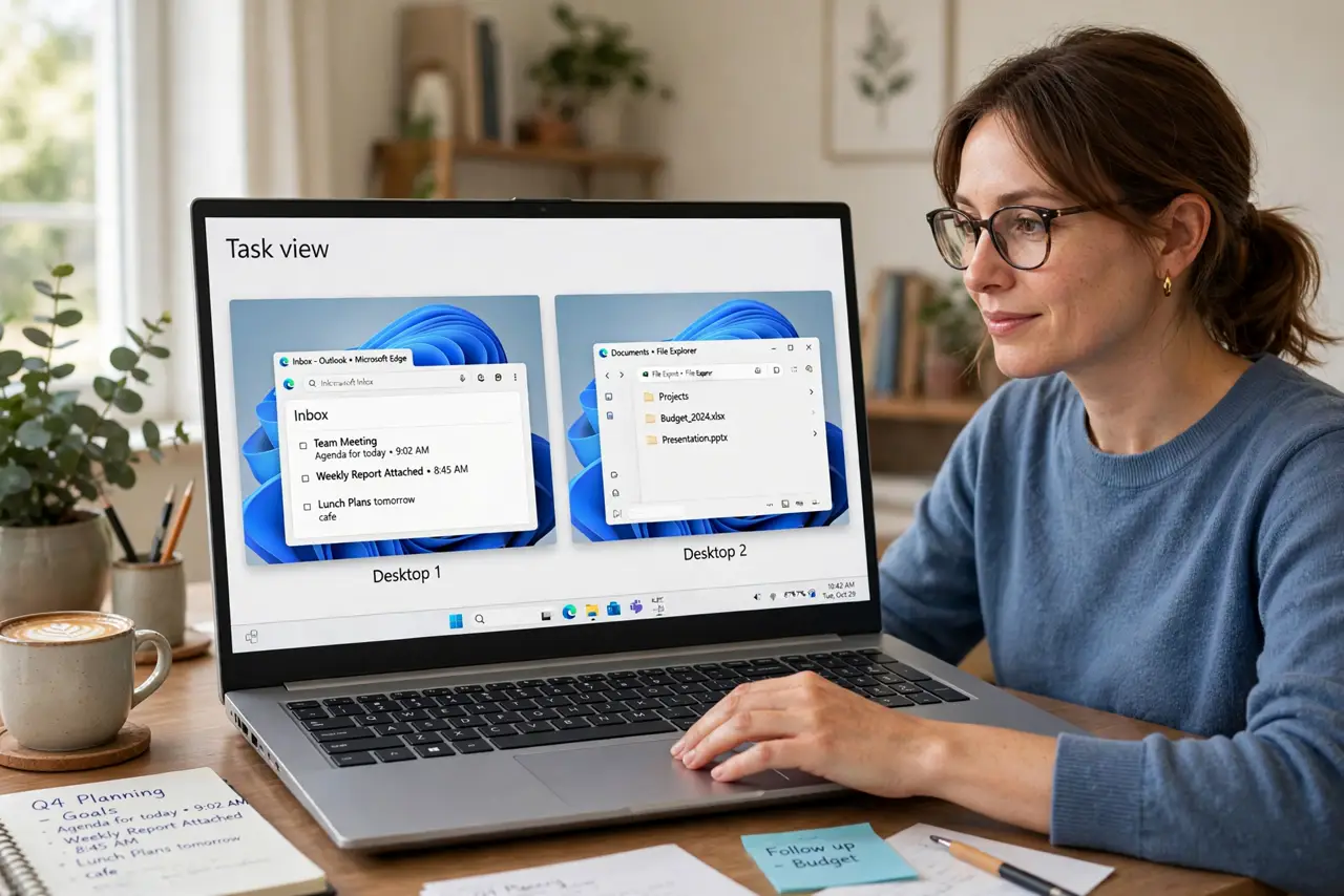 A person switching virtual desktops on a real Windows PC, the Task View screen showing two desktop thumbnails with legible windows, the person's face organized…