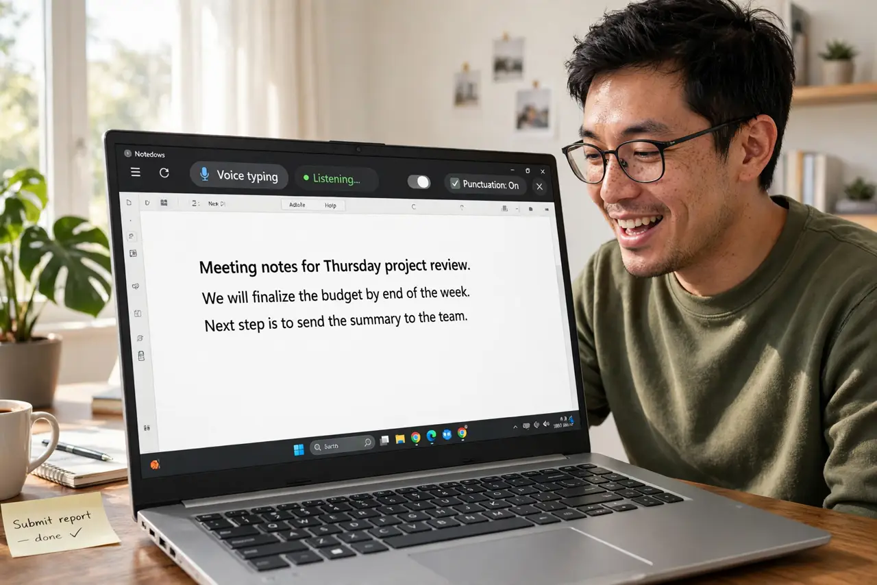 a person dictating into a real Windows laptop with the voice typing toolbar visible and text appearing with punctuation, the person's face relieved, bright home office. No black sc.