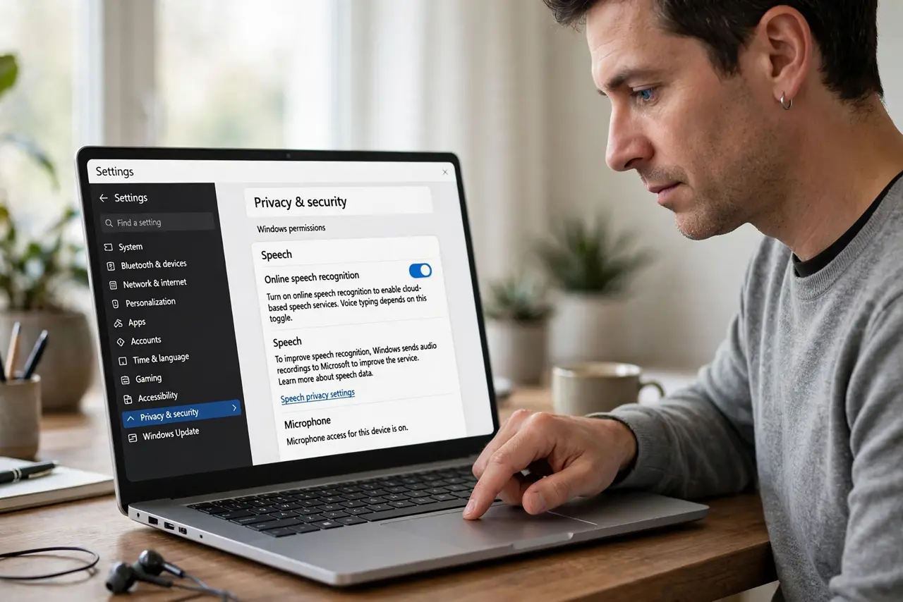 A person performing step 1 of the guide: Enable online speech recognition. Go to Settings, then Privacy and security, then Speech, and turn on online speech recognition. Voice ty...