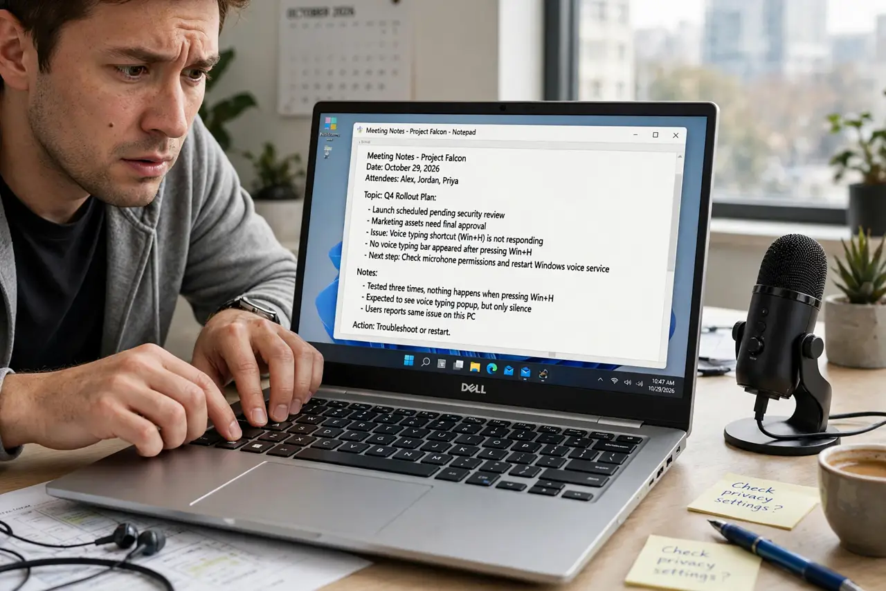 a real person at a desk pressing Win and H on a real keyboard, no voice typing microphone appearing on the real Windows monitor showing a document with fully legible text, a real microphone on the desk, the person looking puzzled.