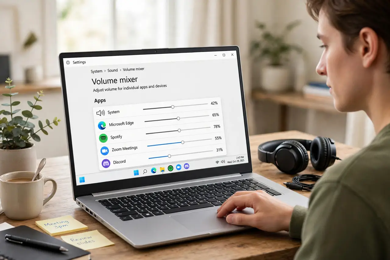 Photoreal photo of a person performing the first step: Open the Volume Mixer. Right-click the speaker icon in the taskbar and choose Open volume mixer (or search 'volume mixer' in Start). You will see a sl...