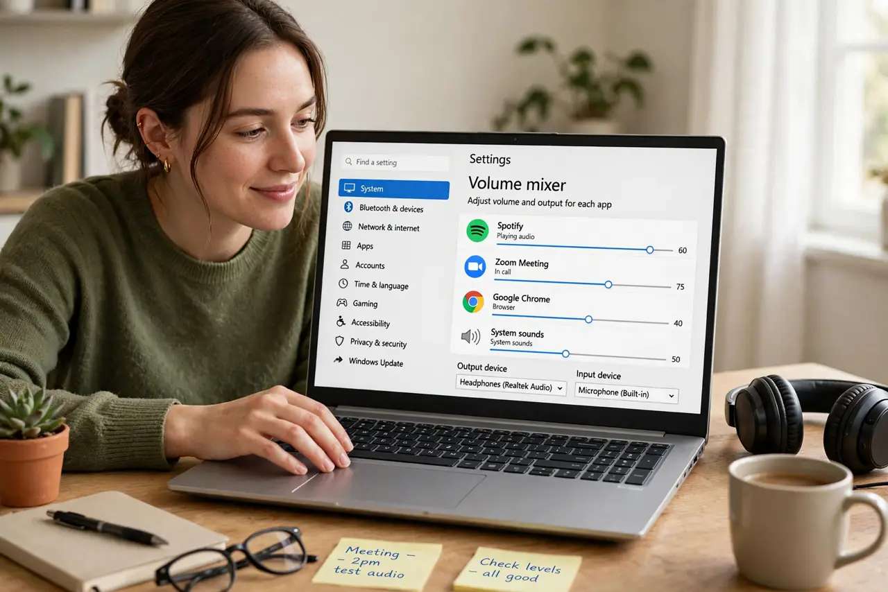 Photoreal photo: a person adjusting a real Windows volume mixer panel showing per-app sliders with legible app names, headphones on the desk, the person's face relieved, home office. No black screen, no blank white scree