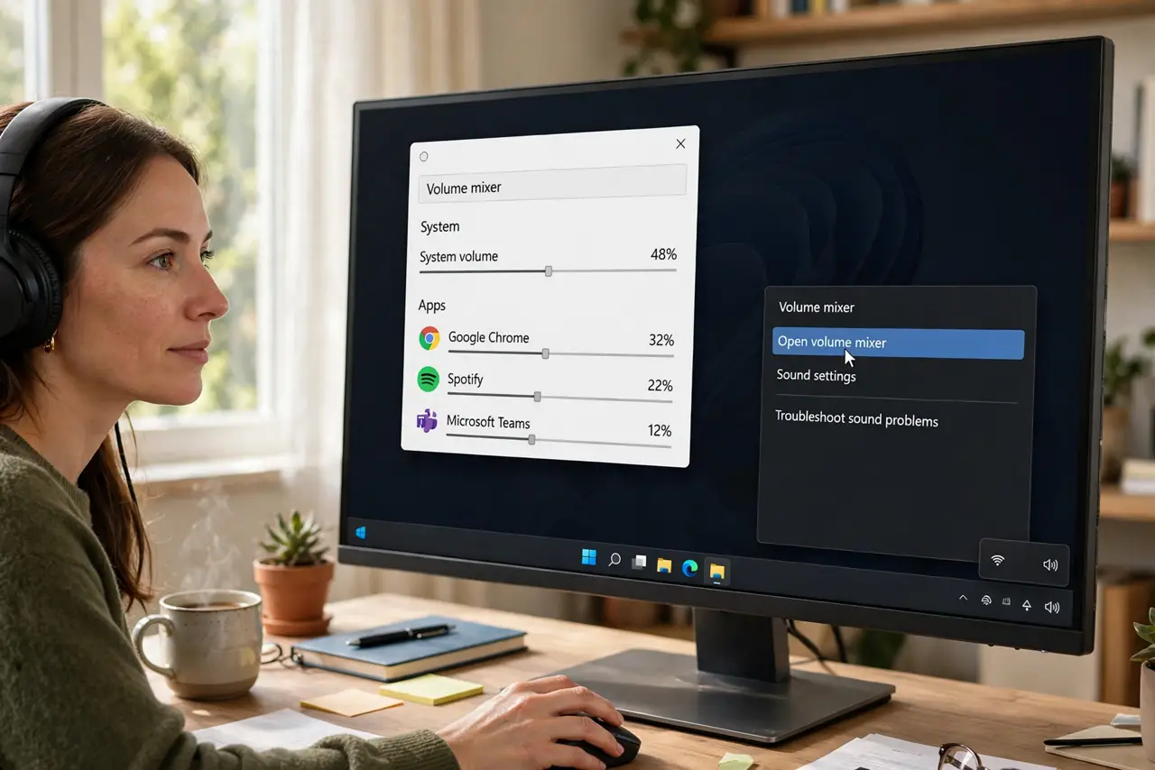 A person performing the first step: Open the Volume mixer. Right-click the speaker icon in the taskbar and choose Open.