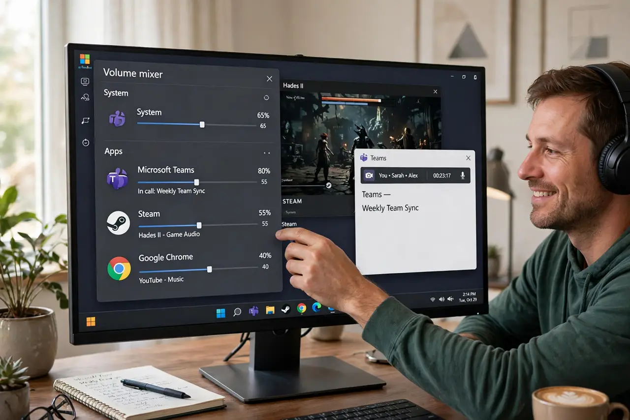 A person adjusting the real Windows Volume mixer with legible per-app sliders on a desktop monitor, wearing headphones,