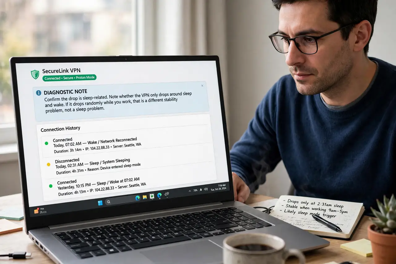 A person performing step 1 of the guide: Confirm the drop is sleep-related. Note whether the VPN only drops around sleep and wake. If it drops randomly while you work, that is a ...