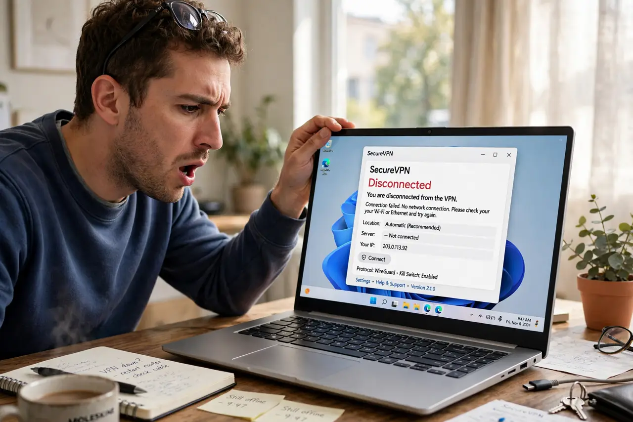 a real person at a desk opening a real laptop that just woke from sleep, a VPN app visible on the real screen showing a disconnected status with fully legible text, the person sighing with mild frustration.