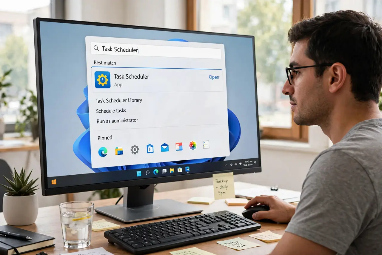 A person performing step 1: Open Task Scheduler. Search for Task Scheduler in the Start menu and open it. This is Windows' alarm clock for.