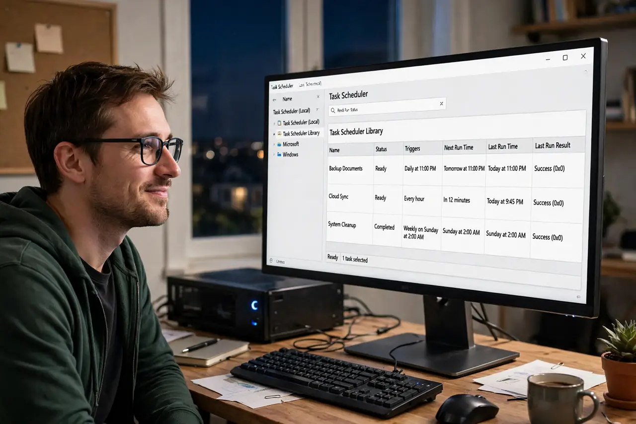 A person looking at a real Windows Task Scheduler window on a monitor with legible text, a desktop PC sleeping with a soft power light, the person's face.